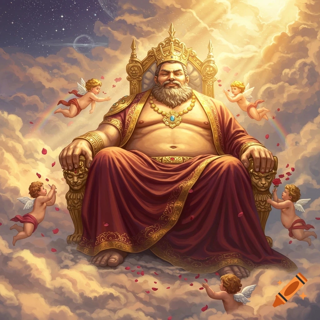 A large, bearded god-like man on a golden throne, surrounded by cherubs and rose petals, sits on clouds in a celestial sky.