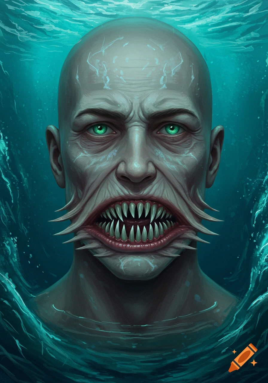 A hyperrealistic digital painting of a bald man with glowing green eyes and a monstrous, lamprey-like mouth with sharp teeth, submerged in water.