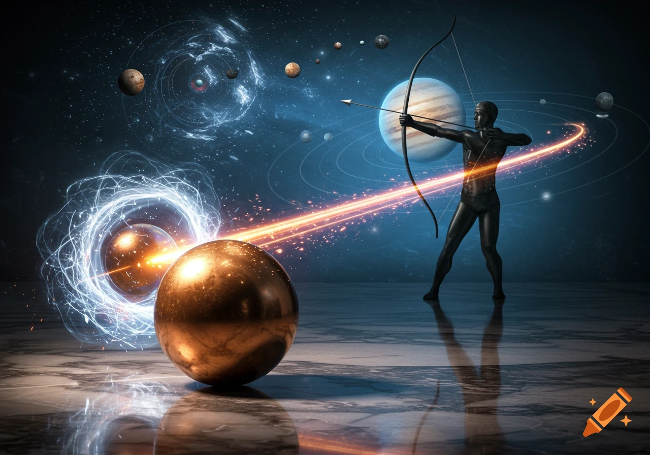 A dark, stylized archer fires a glowing arrow towards a golden sphere in a cosmic scene with planets.