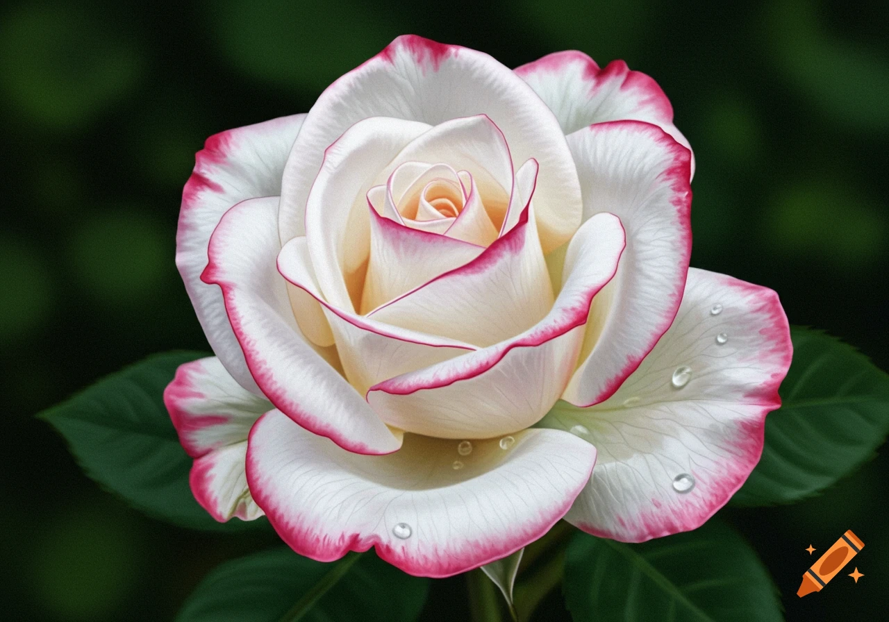 Close-up of a white rose with red-tipped petals and water droplets against a dark green background.