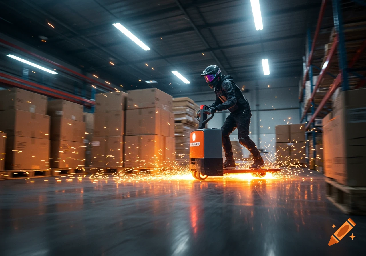 A person in a helmet and dark clothing operates an electric pallet jack, creating a shower of sparks on the shiny concrete floor of a warehouse filled with boxes and racks.