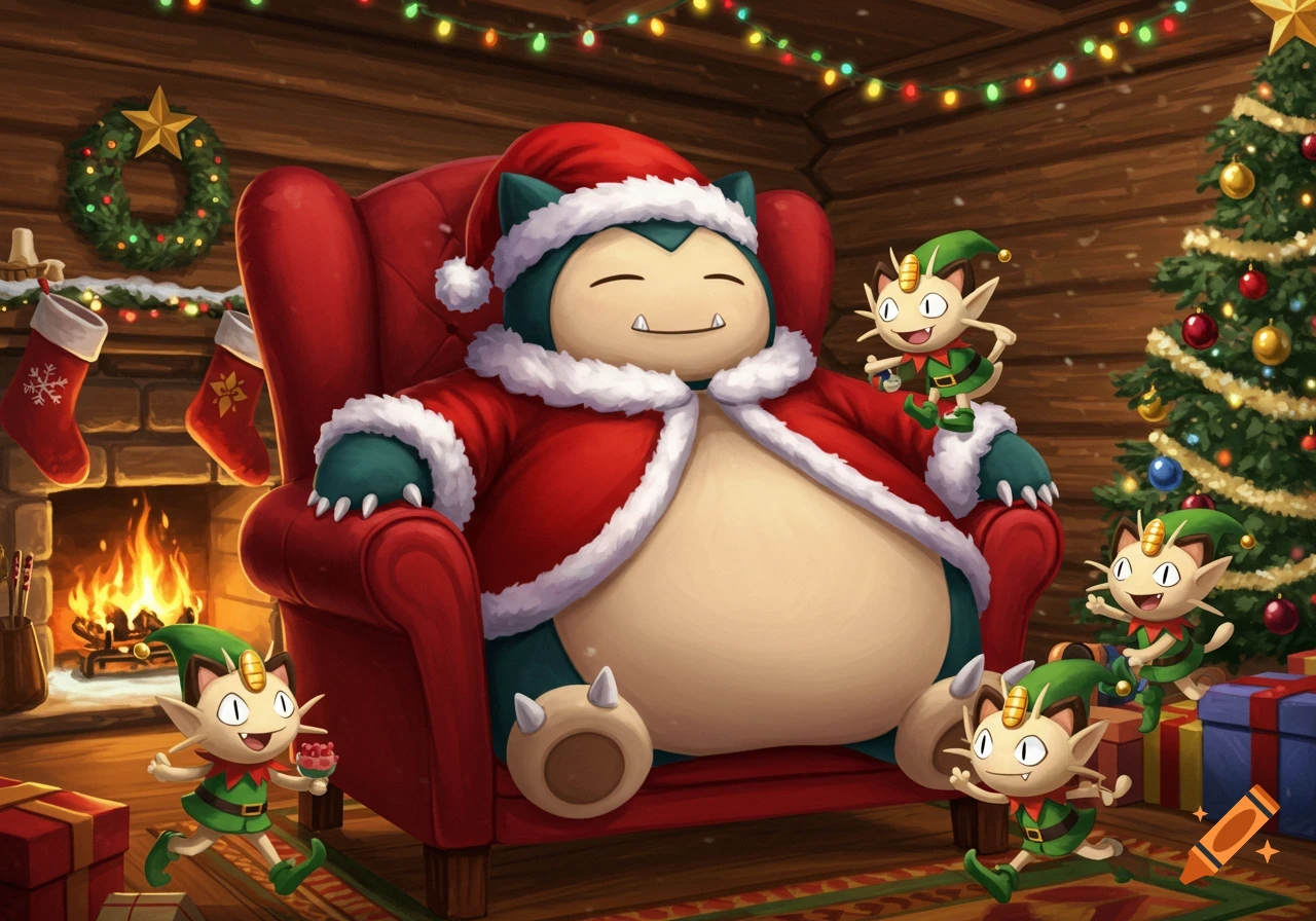 Snorlax dressed as Santa Claus sitting in an armchair by a fireplace, surrounded by three Meowth elves.