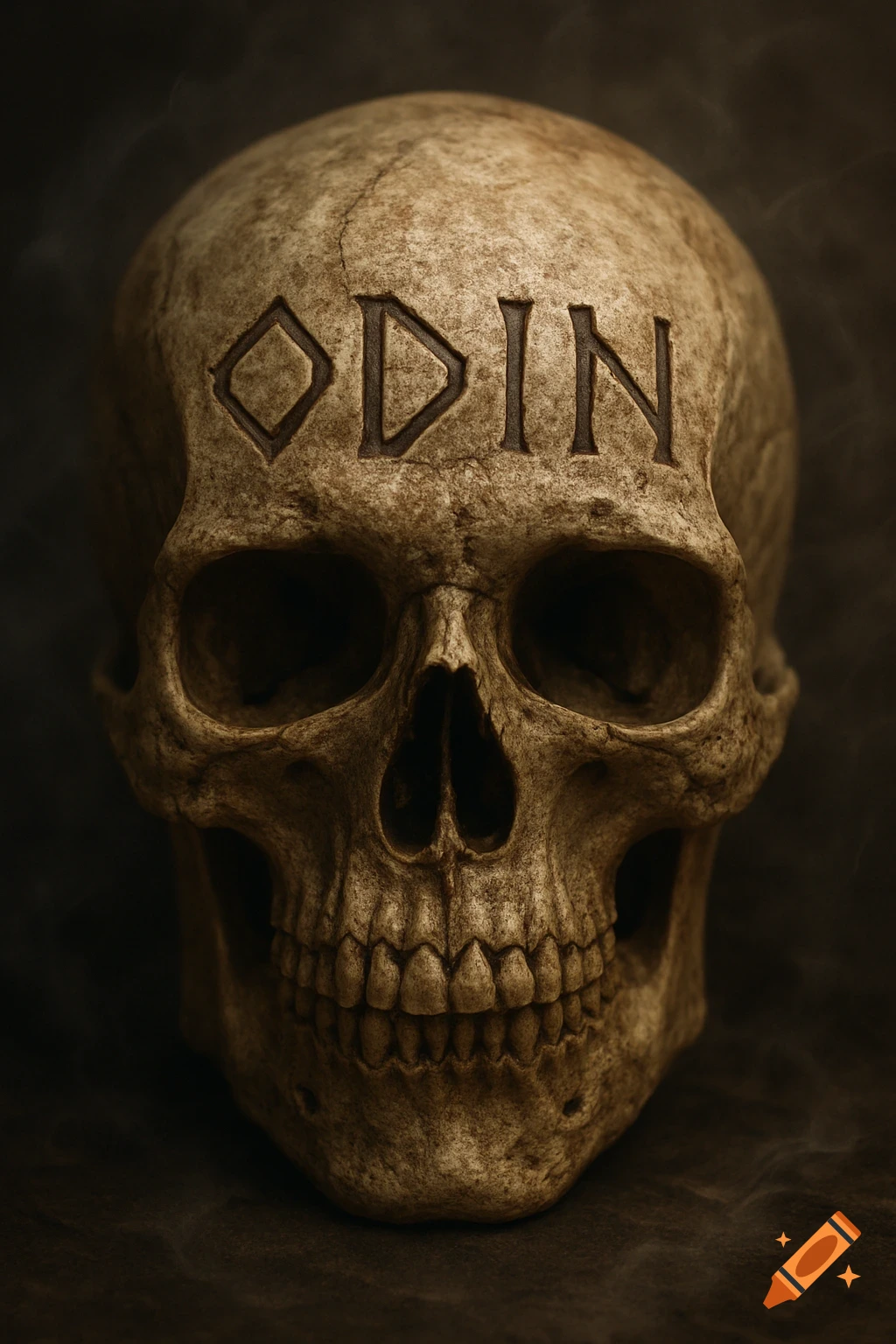 A detailed, realistic, textured skull with the word 'ODIN' carved into its forehead, against a dark, smoky background.