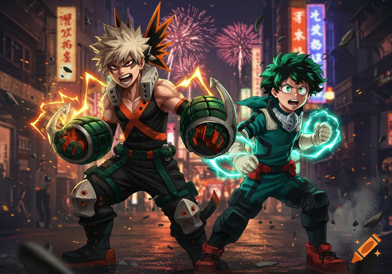 Dynamic anime illustration of Katsuki Bakugou and Izuku Midoriya (Deku) from My Hero Academia, posing with their powers active in a city at night with fireworks.