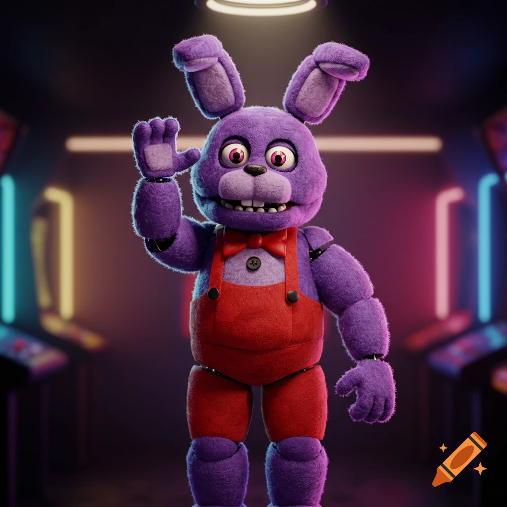A fuzzy purple bunny animatronic in red overalls and a red bowtie waves in a neon-lit arcade.