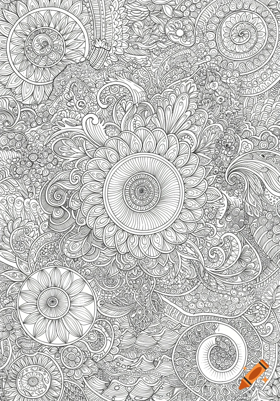Intricate black and white abstract patterns forming a detailed coloring page, with floral and organic designs.