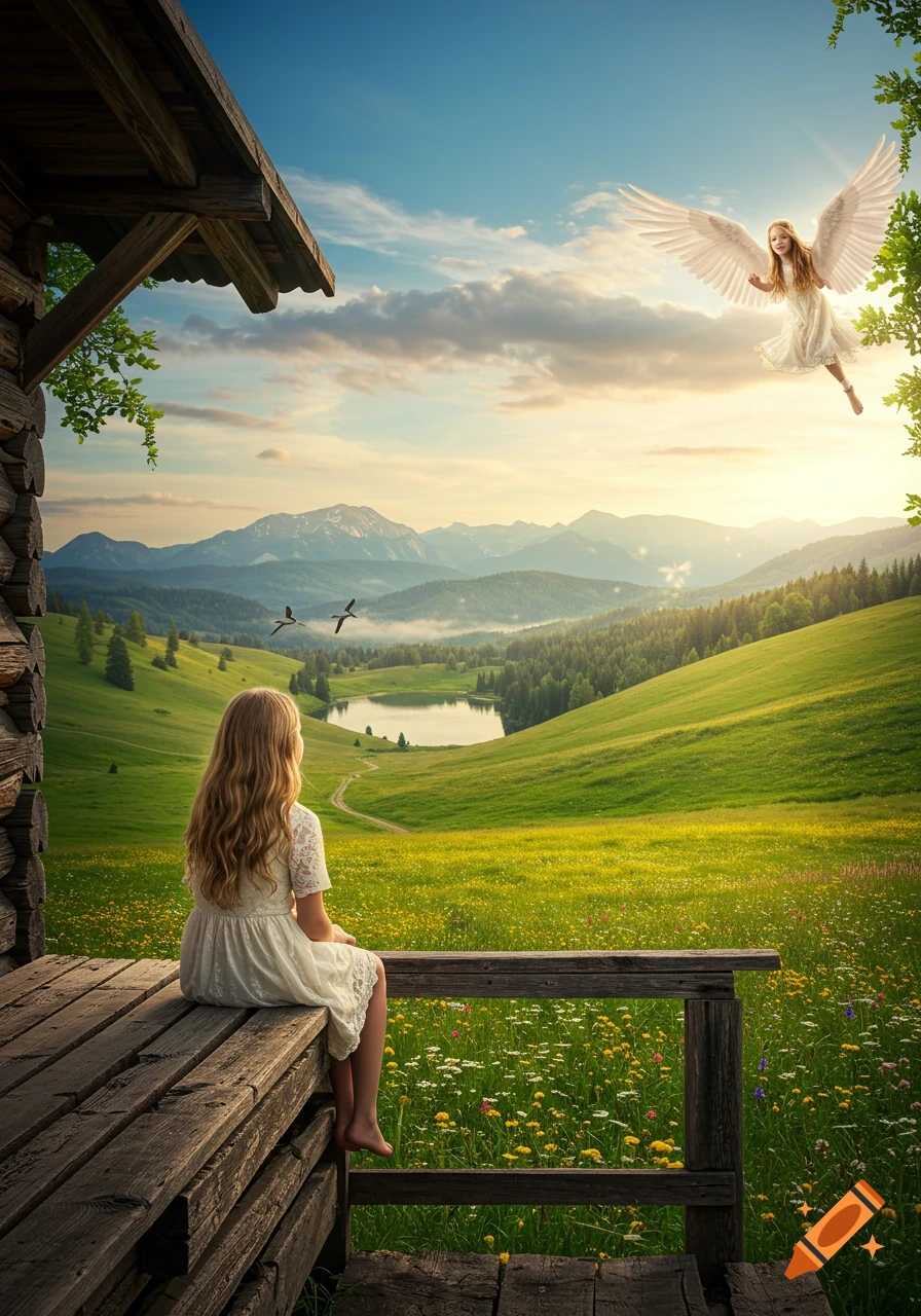 A young girl sits on a cabin deck, looking at a vast green valley with mountains and a lake as an angel flies in the sky.