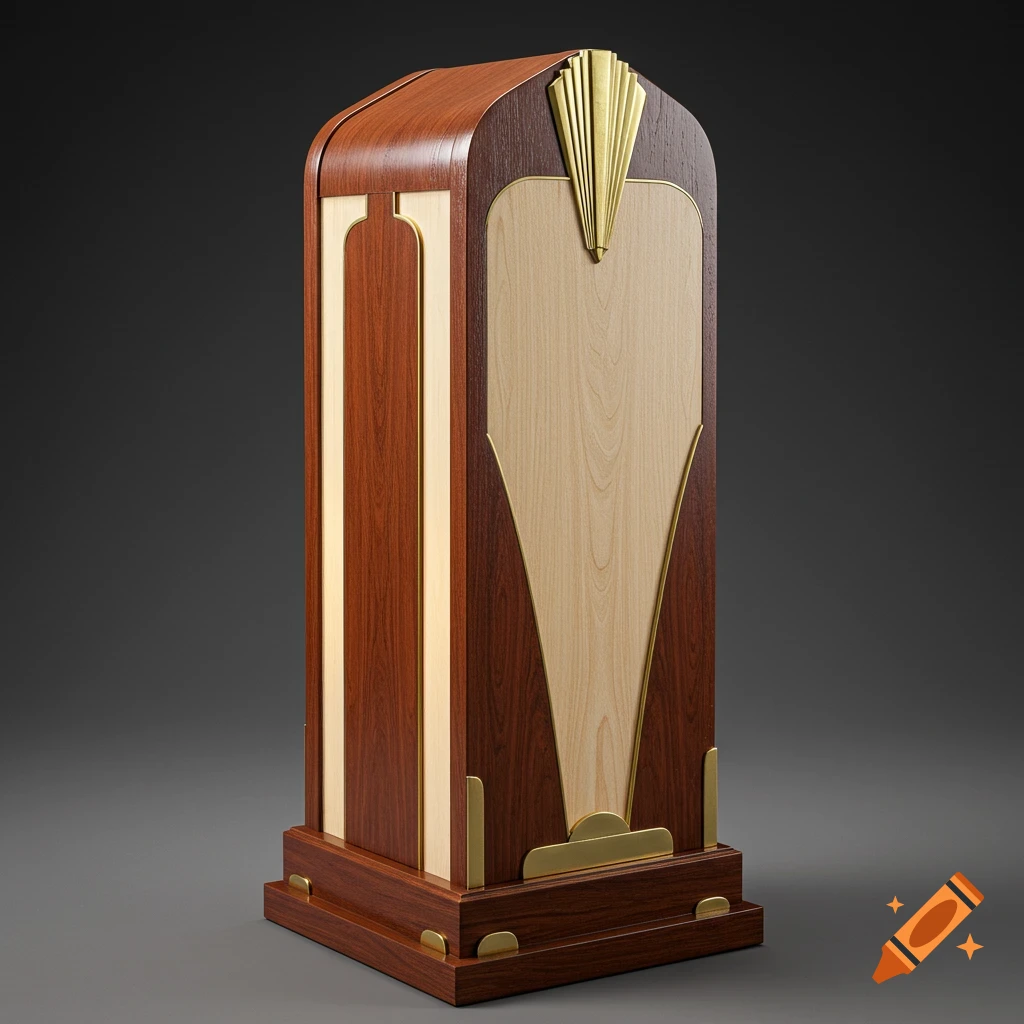 A tall, two-toned wooden art deco art piece with brass trim and a geometric design on a dark background.