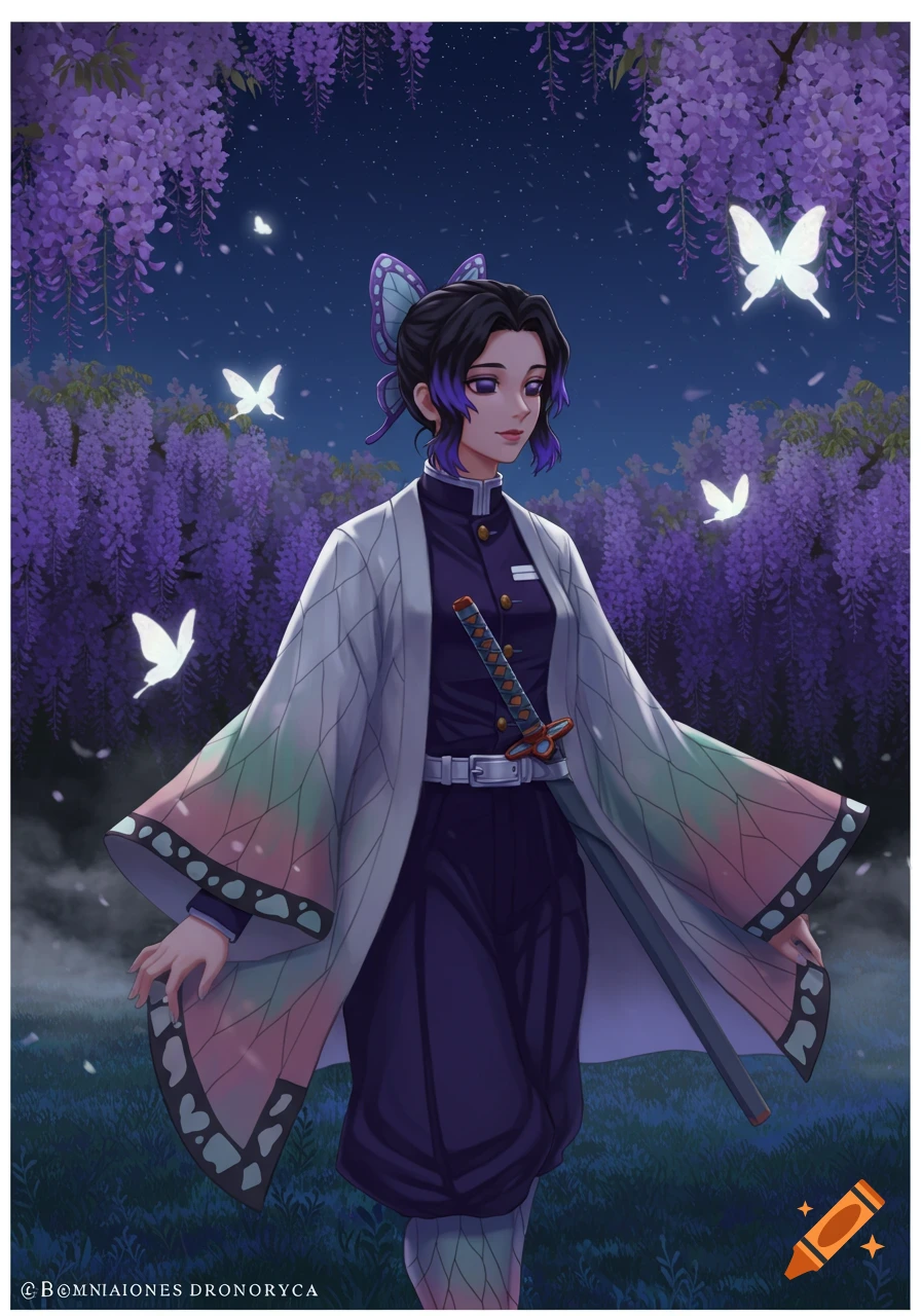 Shinobu Kocho, an anime character, stands in a field of purple wisteria flowers under a night sky with glowing white butterflies.