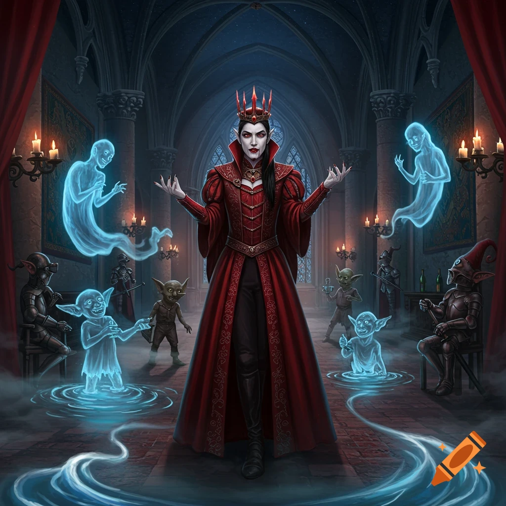 A vampire queen in a red gown stands in a gothic castle, surrounded by blue ghosts and small goblins.