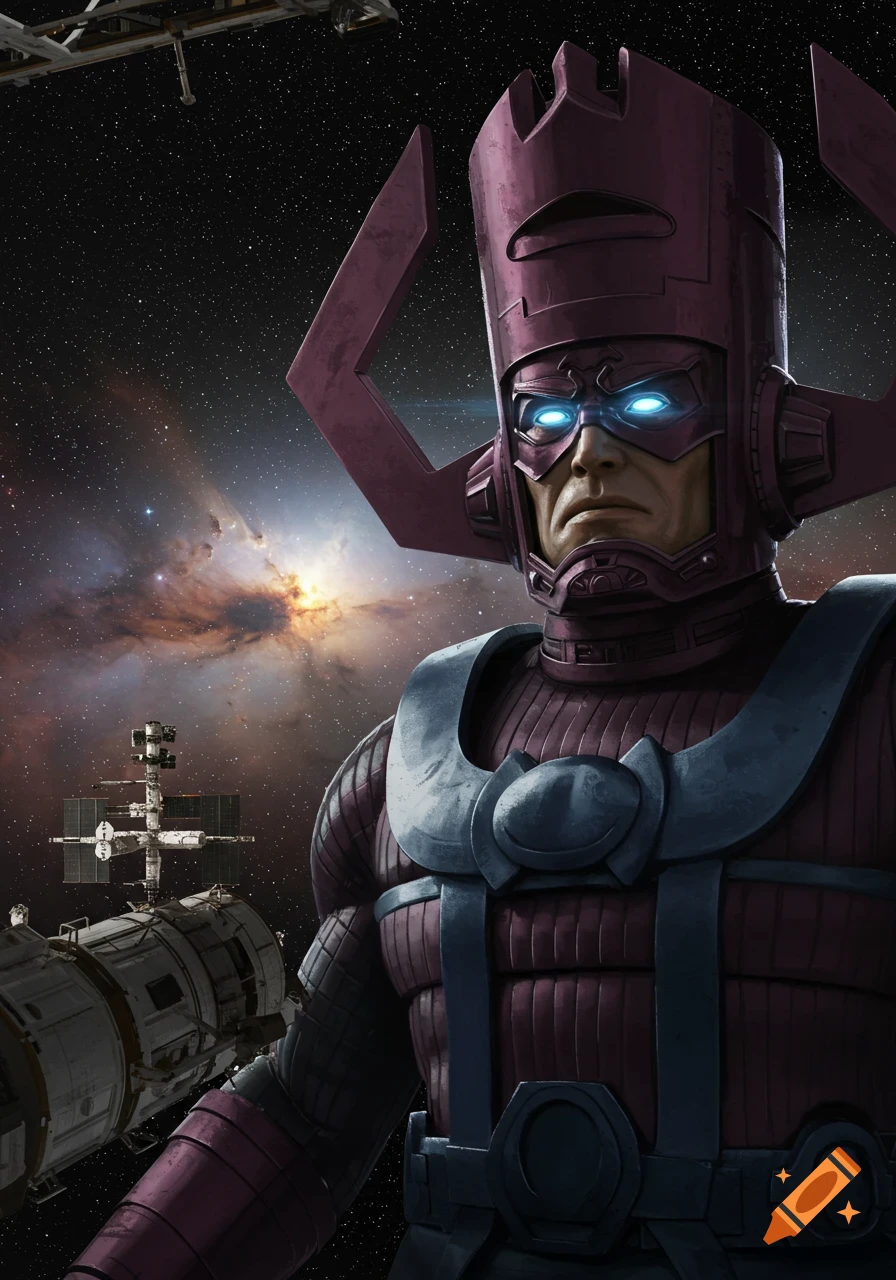 A realistic depiction of Galactus in deep space, with an International Space Station and a colorful nebula in the background.