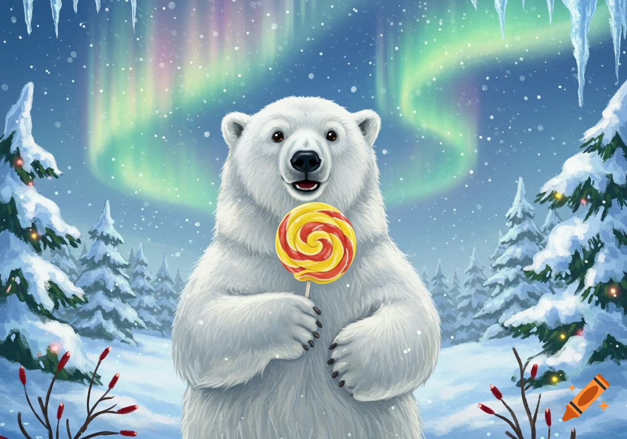 A happy polar bear stands in a snowy forest holding a red and yellow swirl lollipop, with the aurora borealis in the sky.