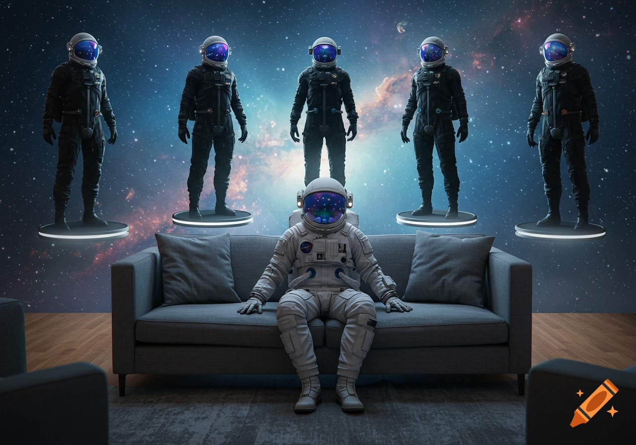 A white-suited astronaut sits on a couch, looking forward, with five black-suited astronauts floating behind in a starry space interior.