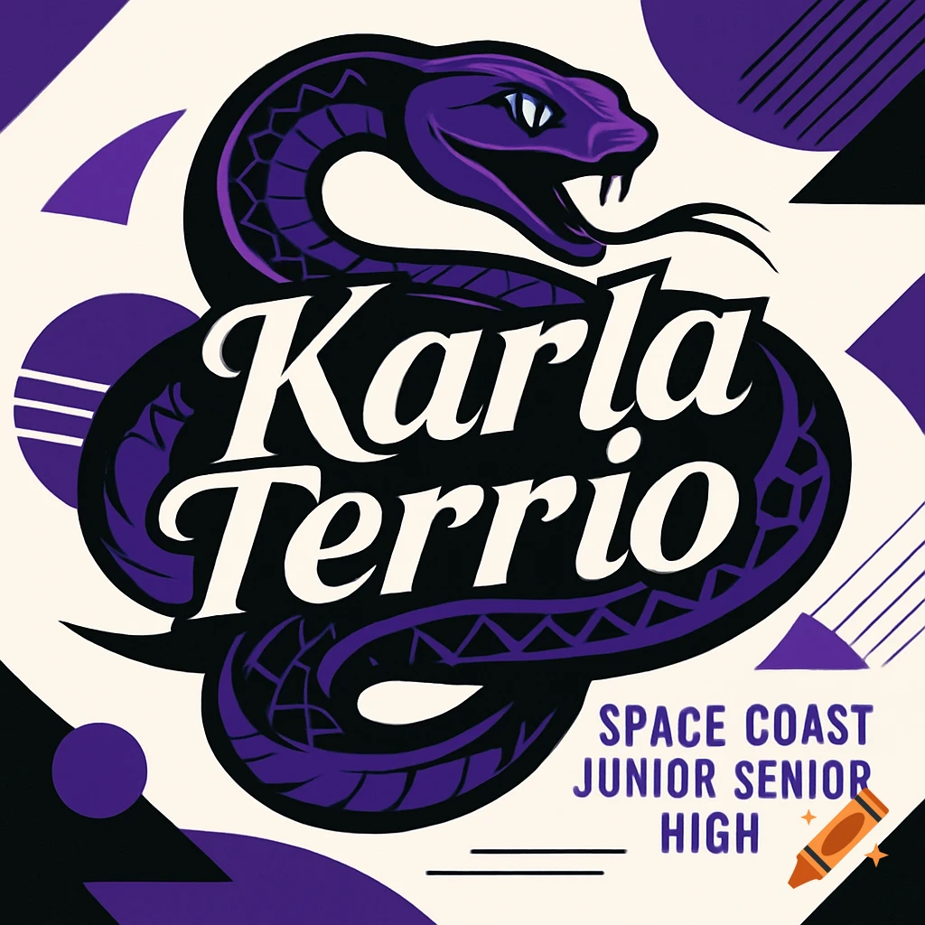 A stylized purple and black viper mascot coiled around 'Karla Terrio' text. Below is 'SPACE COAST JUNIOR SENIOR HIGH'.