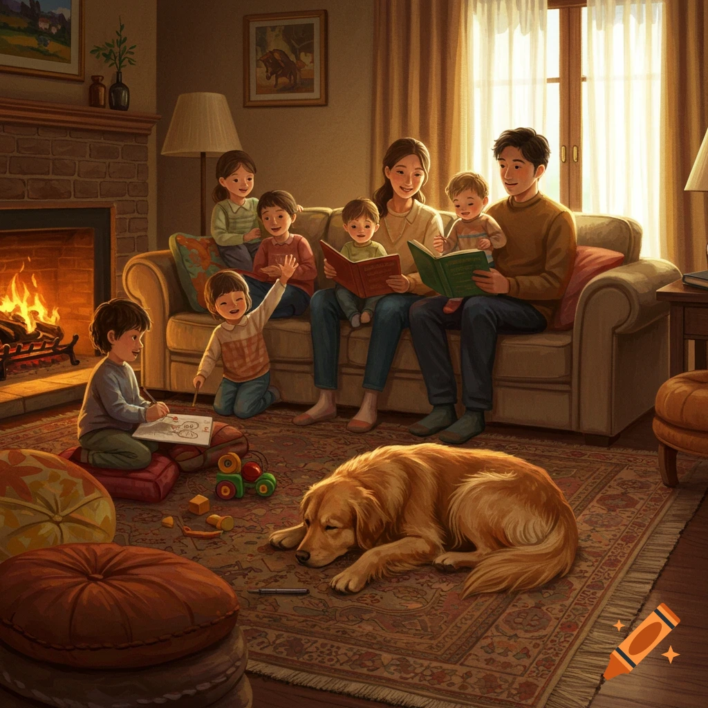 A warm, cozy illustration of a family reading books together on a couch by a fireplace, with children playing on the rug and a golden retriever sleeping in front.