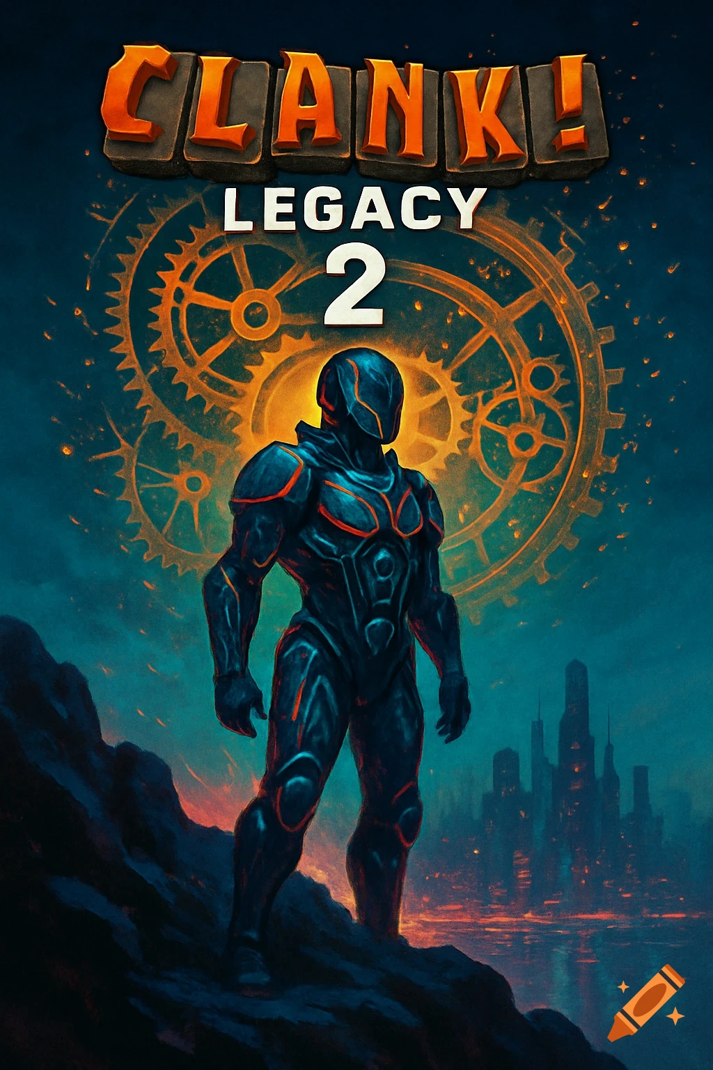 A futuristic armored figure stands before a city and large gears, with 'CLANK! LEGACY 2' at the top.