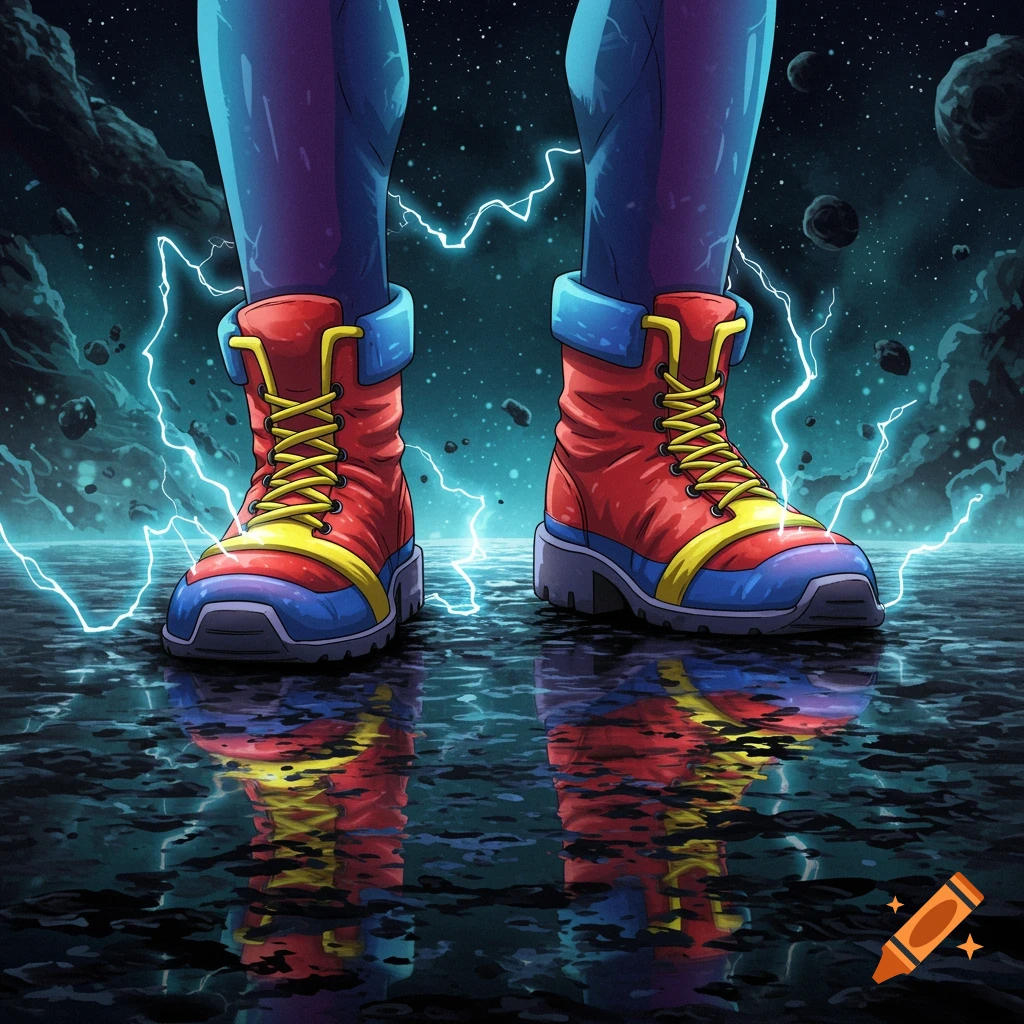 Close-up of superhero-like legs in red, blue, and yellow boots, standing in reflective water with lightning and space background.