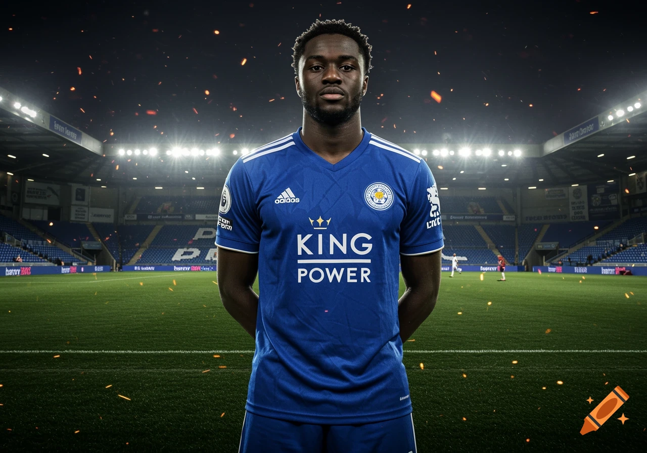 A male football player in a blue jersey with 'KING POWER' emblazoned on the front stands on a green pitch in a stadium with bright lights and orange sparks in the air.