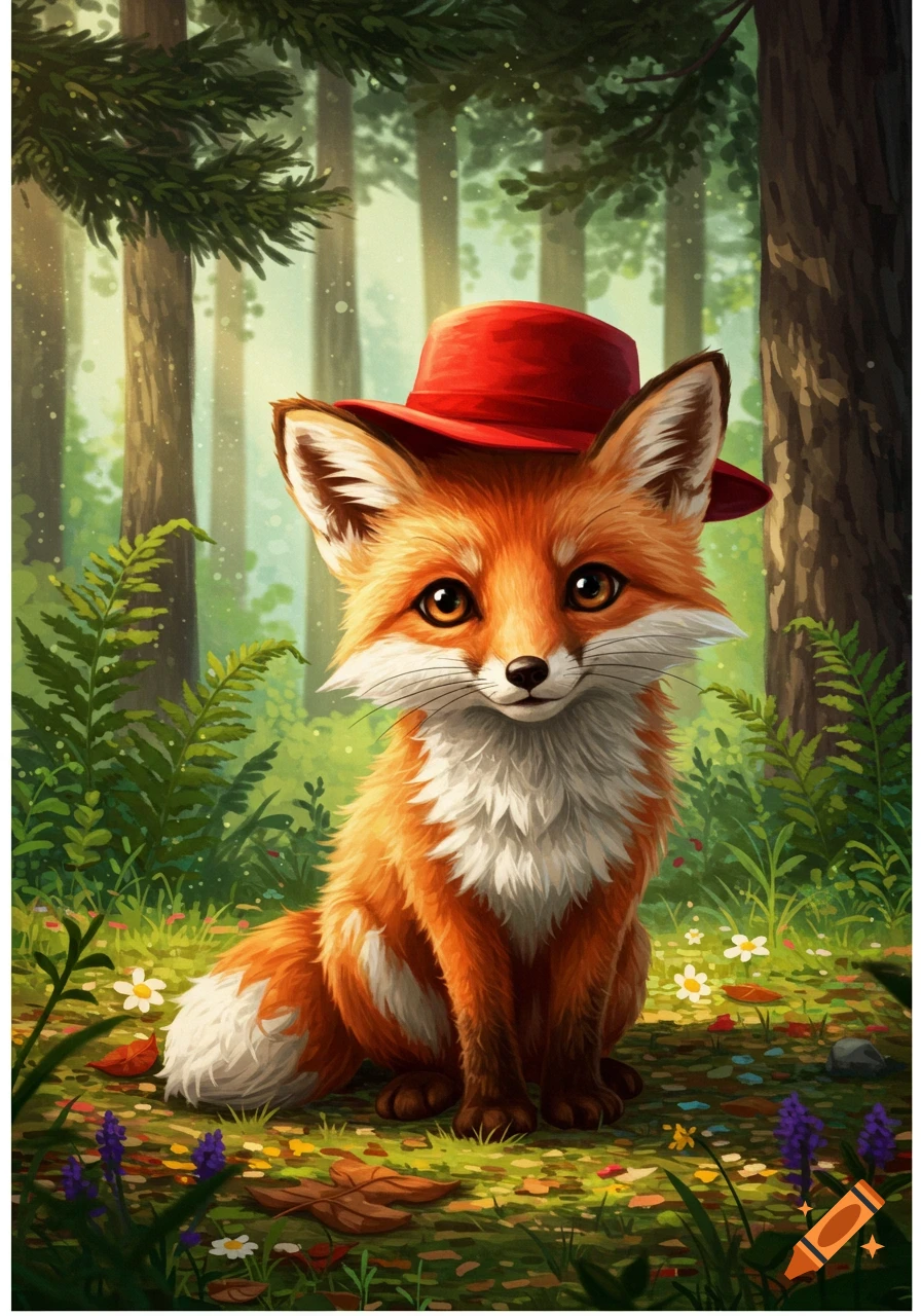 A cute, orange fox wearing a red hat sits in a vibrant green forest with trees and small flowers, in an illustrated style.