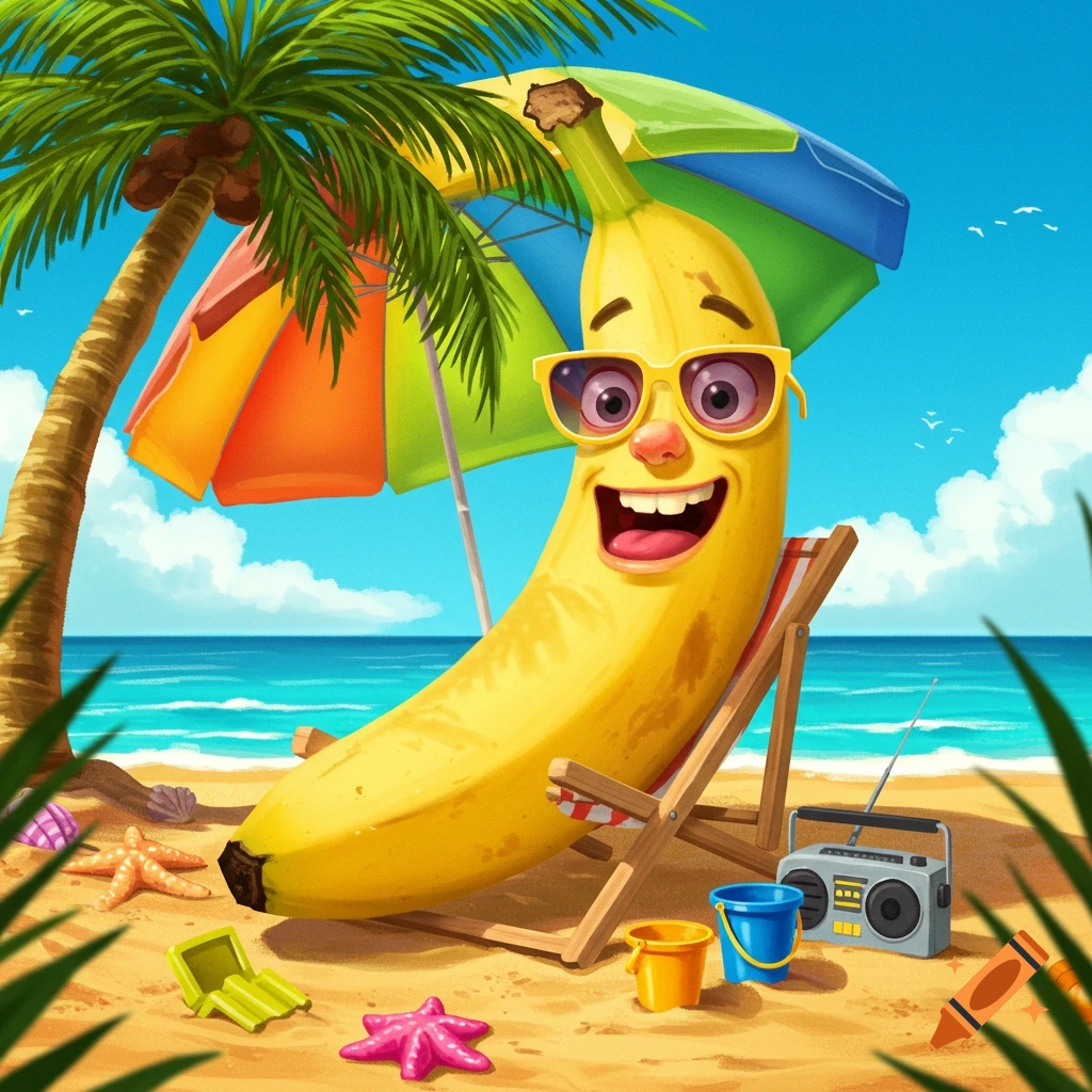 A happy cartoon banana wearing sunglasses relaxes on a beach chair under a colorful umbrella on a sunny tropical beach.