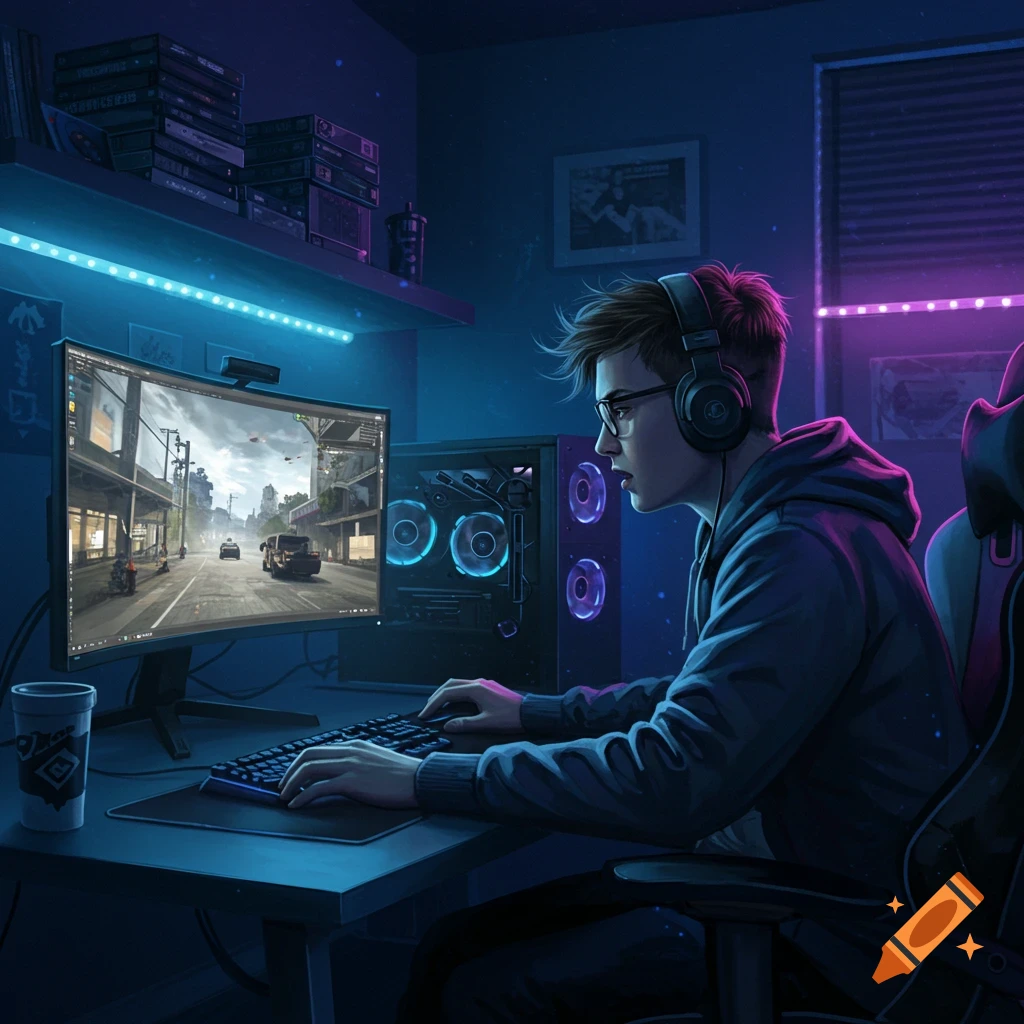 Young man with headphones and glasses playing a video game on a curved monitor in a dimly lit, neon-accented room.