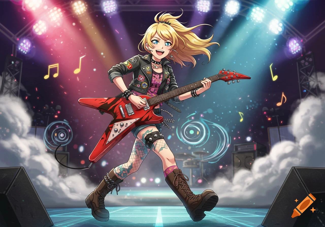 Blond anime girl with blue eyes playing a red electric guitar on a stage with colorful spotlights.