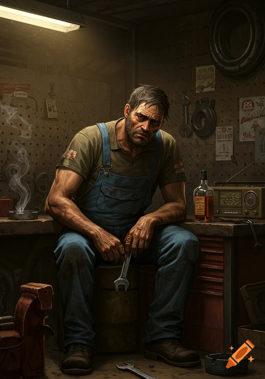 A tired, unkempt man in blue overalls sits in a dimly lit garage, holding a wrench, with a bottle of liquor and an ashtray nearby.