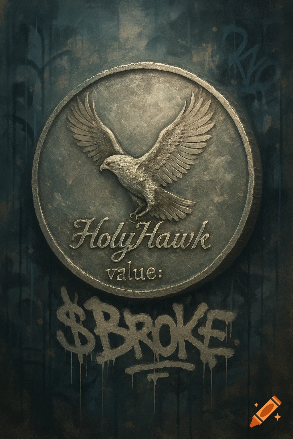 An aged white gold coin with an embossed soaring hawk and 'HolyHawk value:' on it, set against a dark, textured wall with '$BROKE' graffiti.