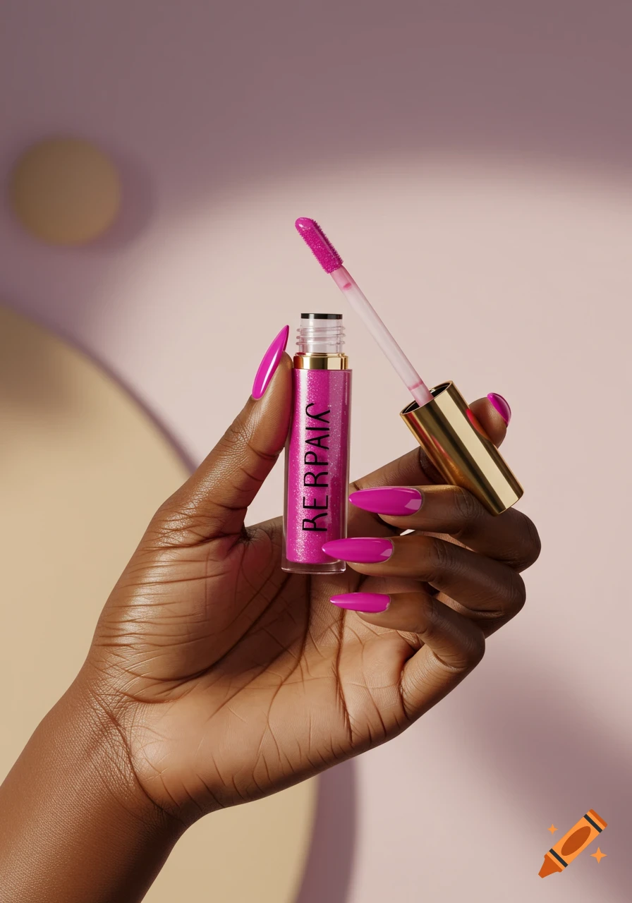 A photorealistic image of a black woman's hand with fuschia almond nails holding an open tube of pink glitter lip gloss.