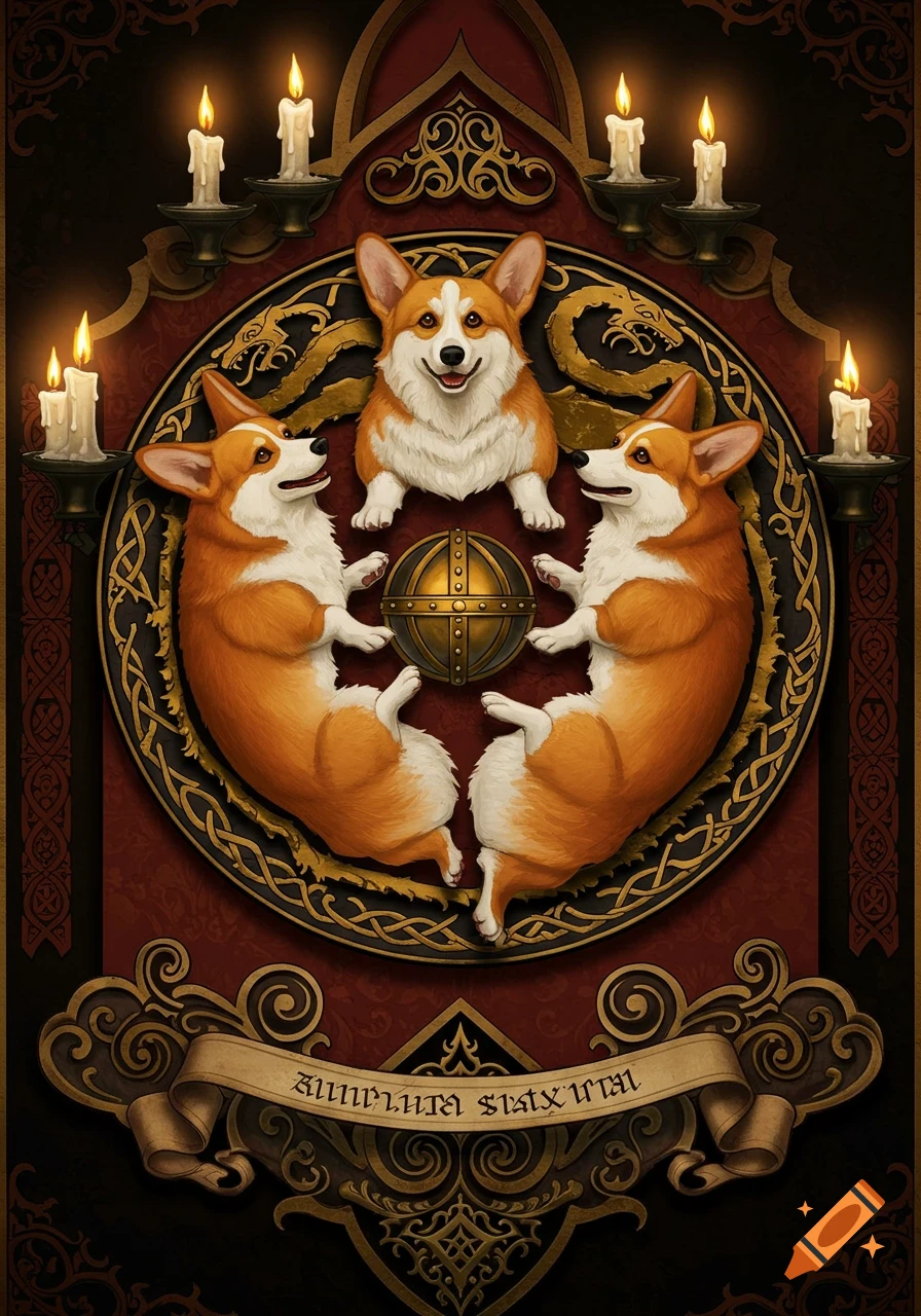 A medieval-style coat of arms featuring three corgis arranged around a golden sphere, with candles and ornate golden and red designs.