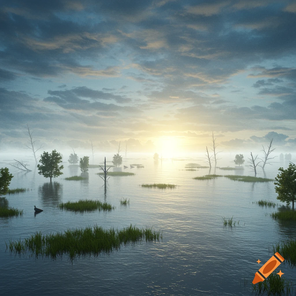 Photorealistic flooded landscape at sunrise/sunset with scattered trees, patches of grass, and a lone bird in the water.