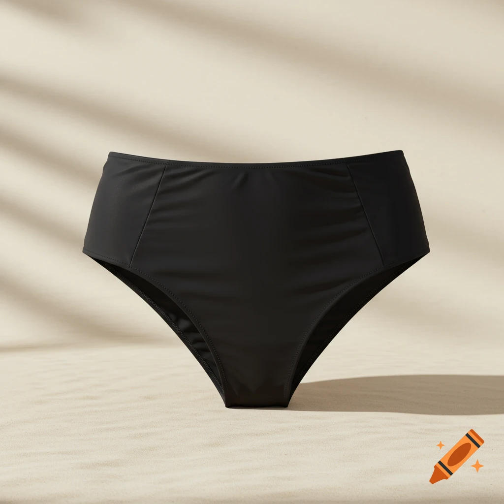 A black, high-waisted bikini bottom on a light sand-colored background with subtle shadows.