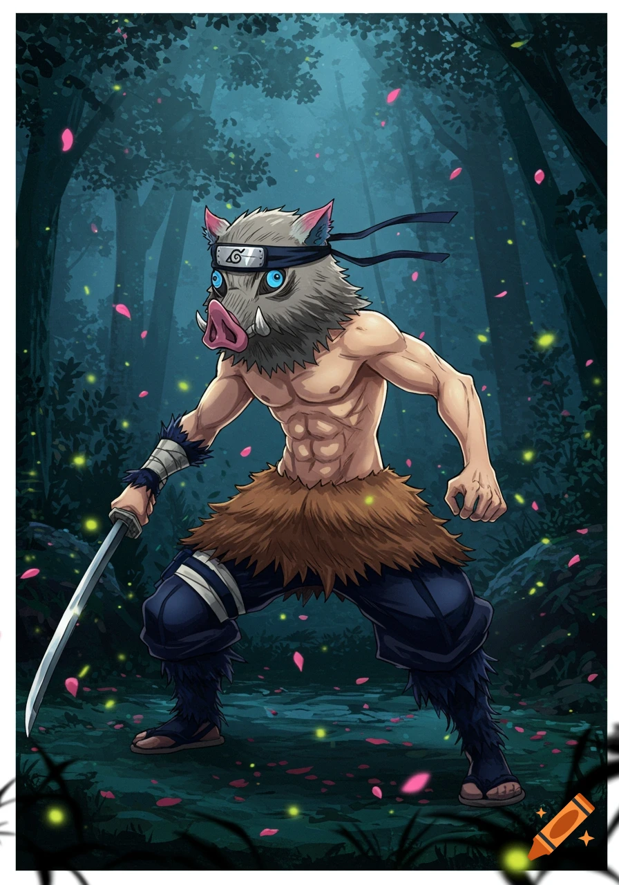Inosuke from Demon Slayer wearing a boar's head mask and a Naruto headband, shirtless, holding a sword in a dark forest.