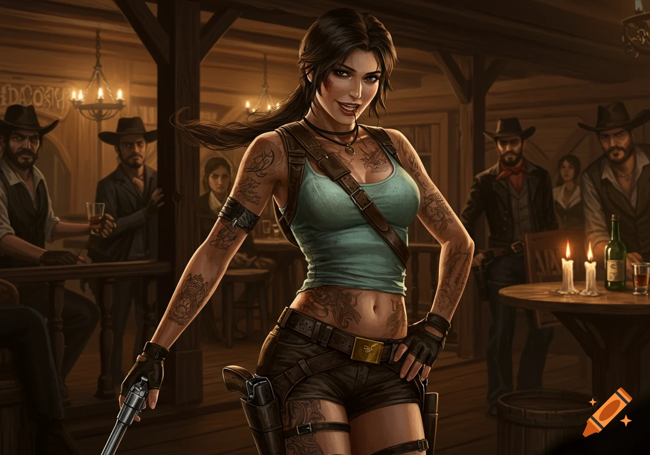 Lara Croft with tattoos, wearing a tank top and shorts, holding a pistol in a dimly lit Wild West saloon with onlookers.