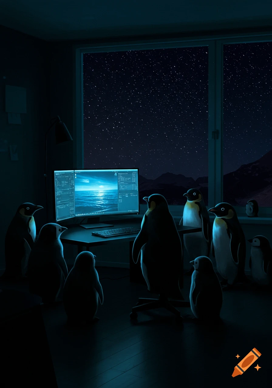 Penguins gathered around a computer displaying an ocean sunset, in a dark room with a starry night visible through a window.