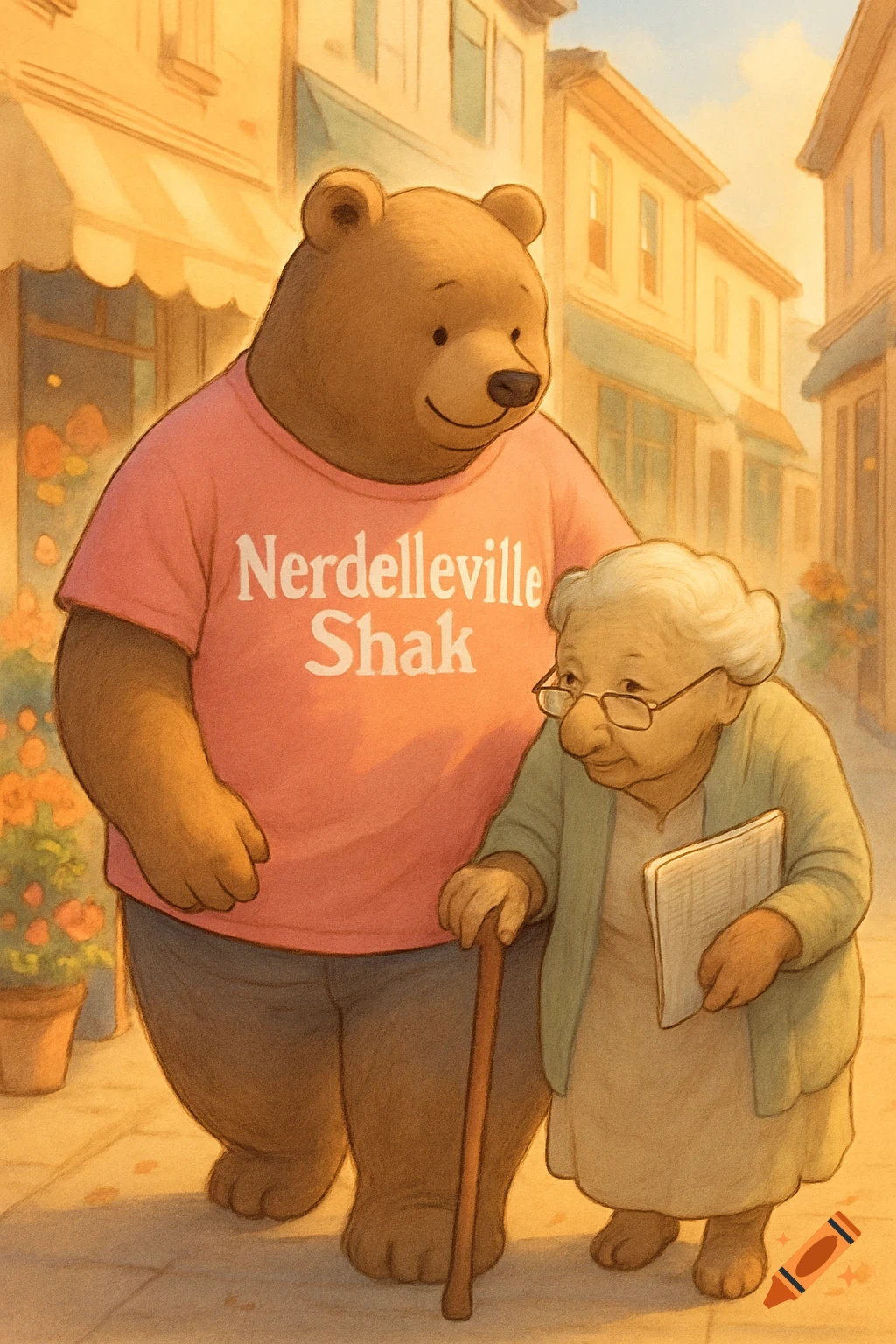 A friendly brown bear in a pink t-shirt helps an old lady bear with glasses and a cane walk down a sunlit street.