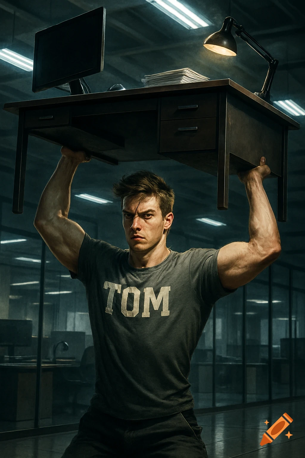 Muscular man in a gray 'TOM' t-shirt lifting an office desk above his head in an office setting.