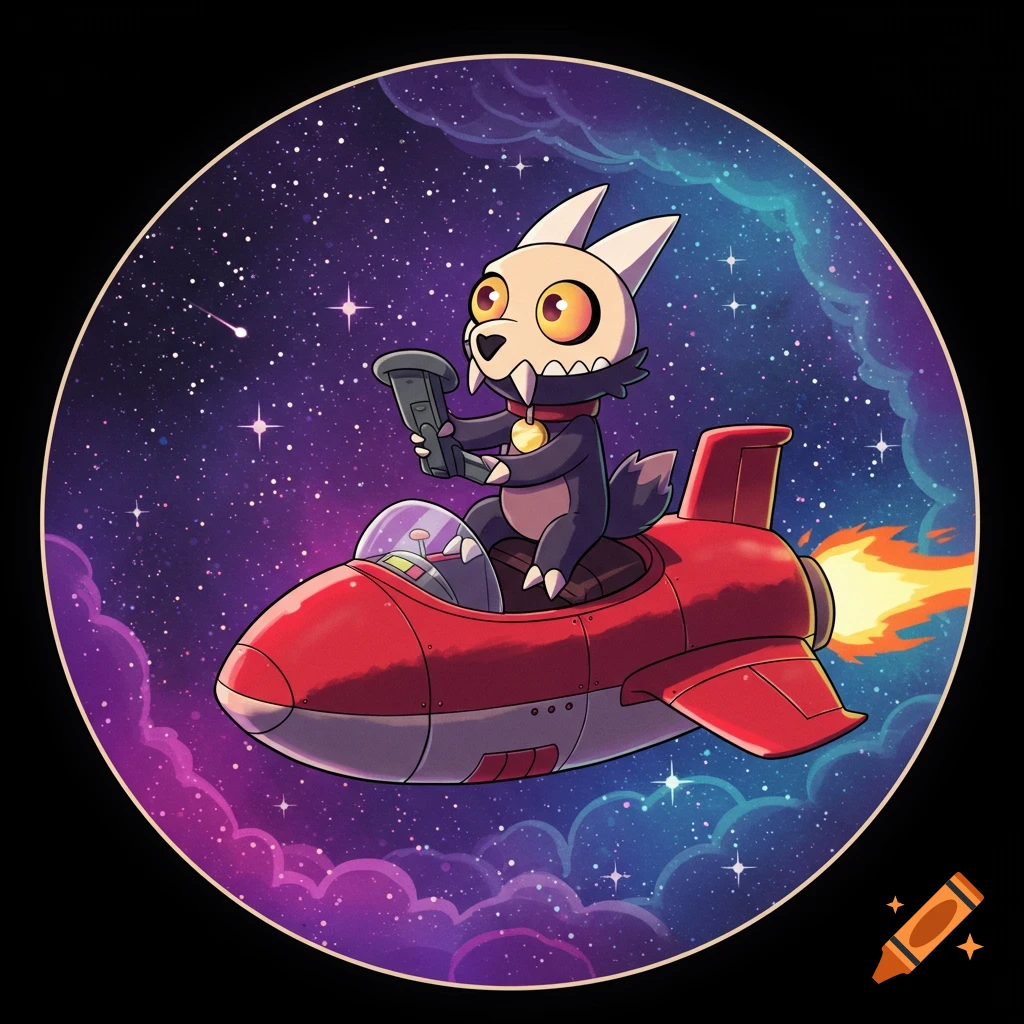 King from The Owl House, a small demon with a skull-like head, flies a red rocket through a vibrant purple and blue galaxy.
