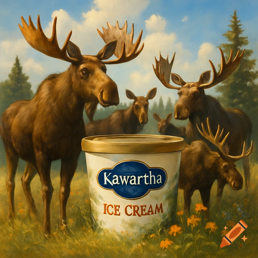 A group of moose standing in a grassy field with trees, gathered around a large tub of Kawartha Ice Cream under a blue sky.