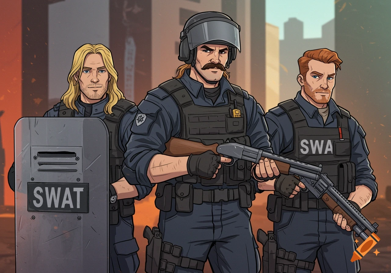 Three cartoon SWAT officers in tactical gear. One blonde man holds a riot shield, another with a mustache and helmet holds a shotgun, and a red-haired man stands to the right.