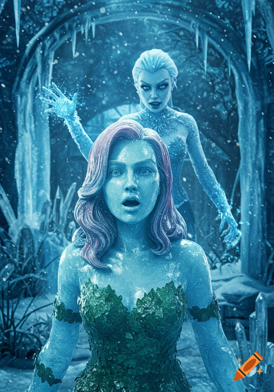 Poison Ivy transformed into a surprised blue ice statue in the foreground, with Killer Frost standing behind her, casting ice in a snowy, icy archway.