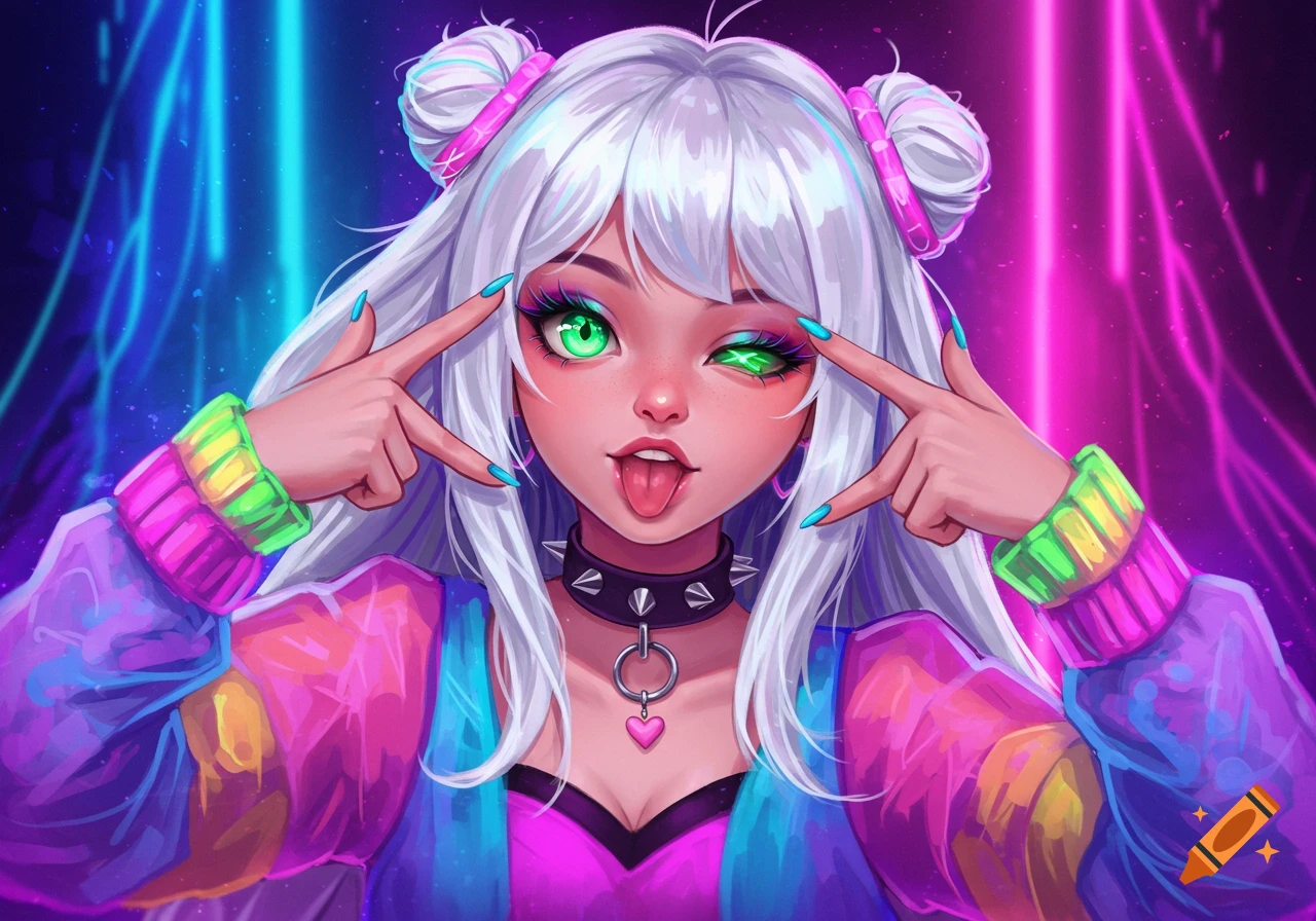 A stylized anime girl with white hair, neon green eyes, and rainbow clothes, sticking her tongue out against a bright neon background.