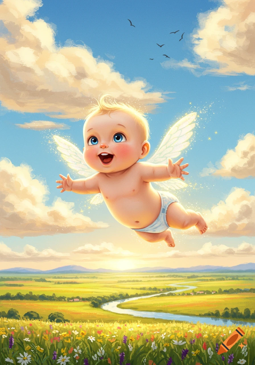 A cute, smiling baby with sparkling fairy wings flies over a vibrant green field with flowers under a blue sky.
