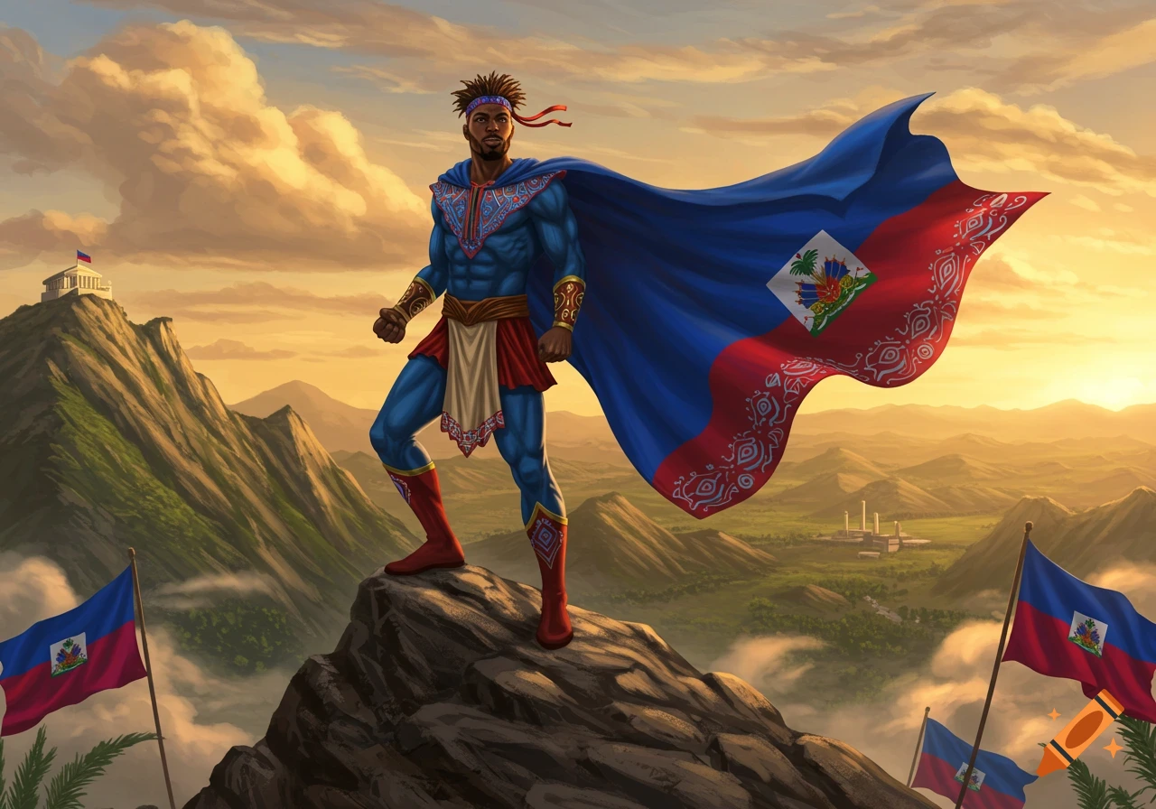 A Black superhero in a blue suit with a flowing Haitian flag cape stands atop a rocky mountain overlooking a sunset landscape.