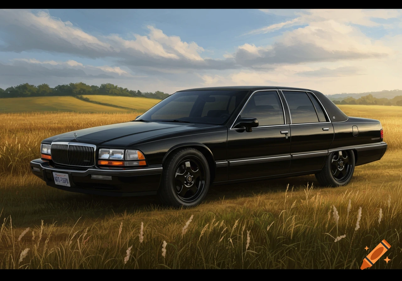 A photorealistic depiction of a black 1992 Buick Roadmaster sedan with tinted windows and black wheels parked in a golden field.