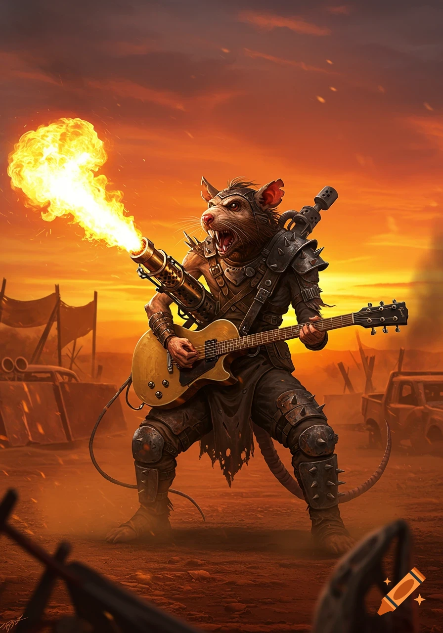 A rat-like warrior in Mad Max-style armor plays a flamethrower guitar, shooting fire in a post-apocalyptic desert.