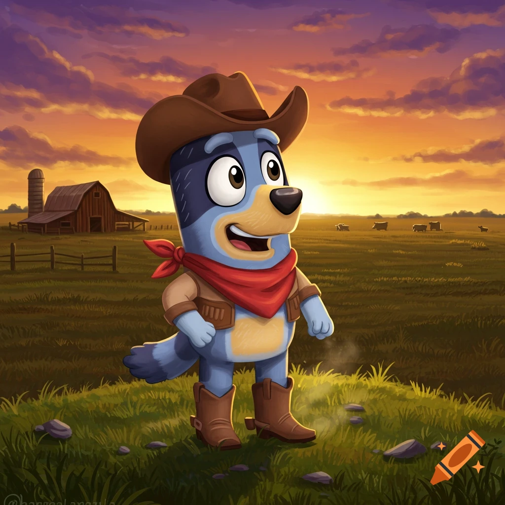 Bluey, the blue dog cartoon character, dressed as a cowboy in a field with a barn at sunset.