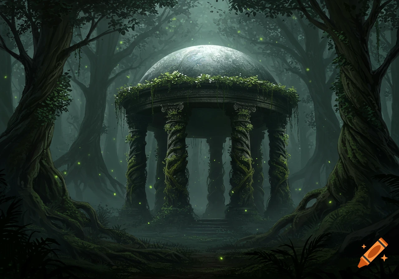 An ancient, moss-covered cupola-style building with tree-like pillars in a dark, misty fantasy forest with glowing lights.