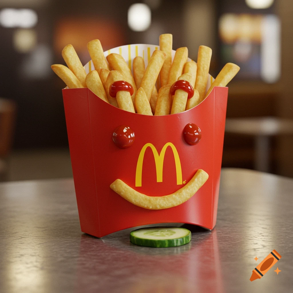 A cartoonish box of McDonald's french fries with ketchup eyes and a fry mouth, standing on a table next to a cucumber slice.