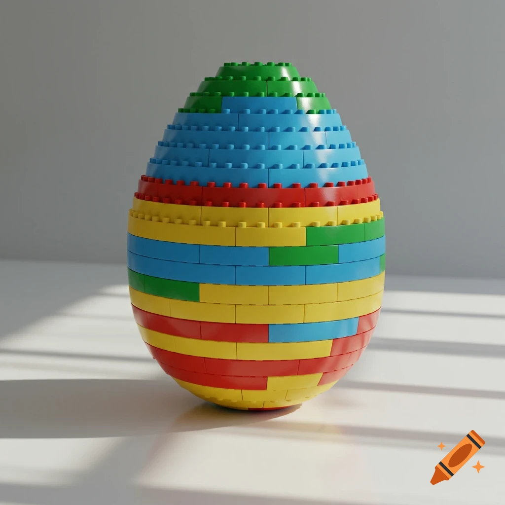 A large, colorful egg made of Lego bricks stands upright against a plain white background, casting shadows.